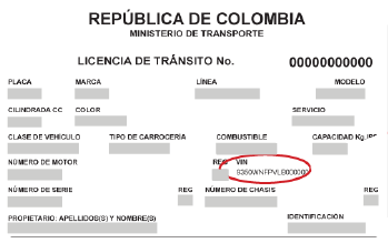 Ejemplo visual para identificar el número VIN del vehículo